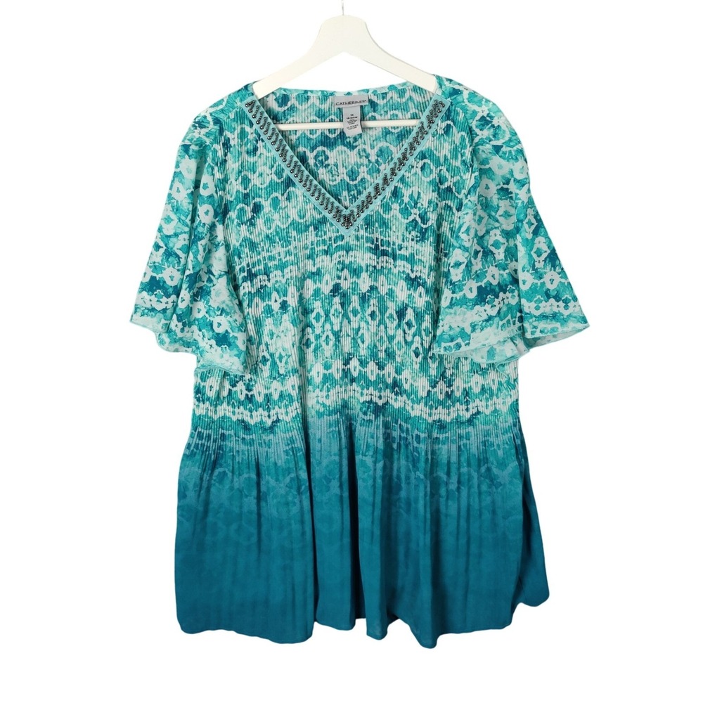 Catherines Womens Airy Flowy Coastal Plisse Blouse 1X Top Teal Ombre Beads VNeck